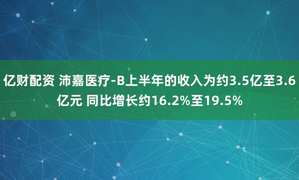亿财配资 沛嘉医疗-B上半年的收入为约3.5亿至3.6亿元 同比增长约16.2%至19.5%